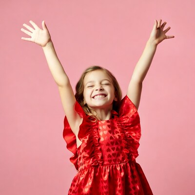 Girl raising arms in red heart dress