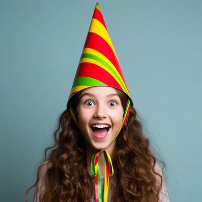 Girl with party hat smiling excitedly