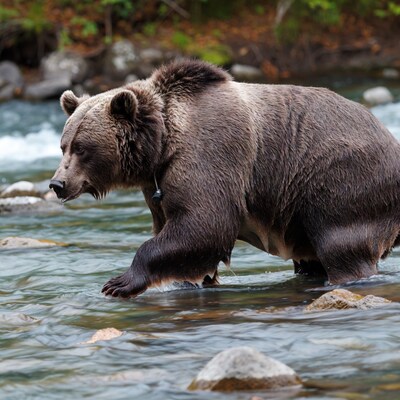 Grizzly bear wading in river