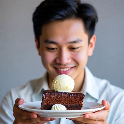 Asian man holding chocolate cake with ice cream