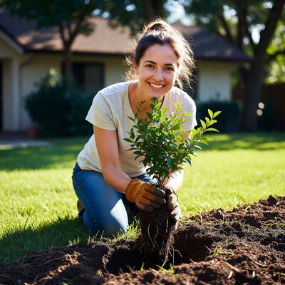 Woman planting tree in garden