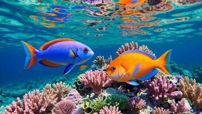 Blue and Orange Angelfish in Coral Reef