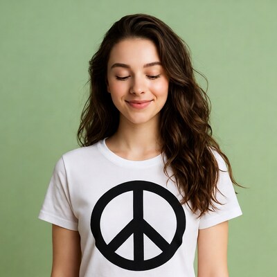 Woman smiling in peace symbol t-shirt