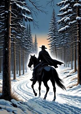 Cowboy riding horse in snowy forest