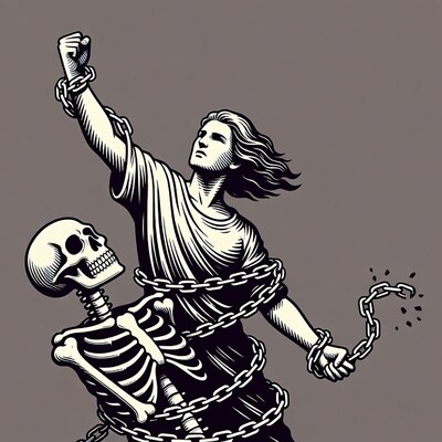 Woman breaking skeleton chains illustration