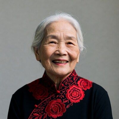 Elderly Asian woman in red qipao