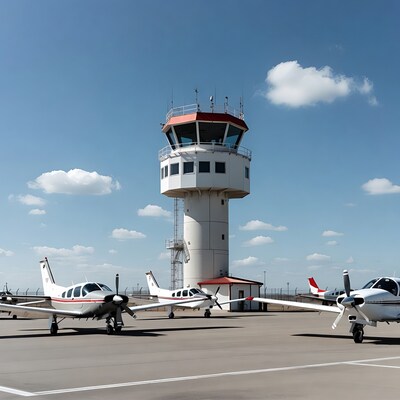 Airport Control Tower and Parked Planes