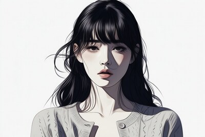 Asian woman with bangs in cardigan