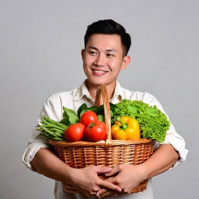 Asian man holding vegetable basket