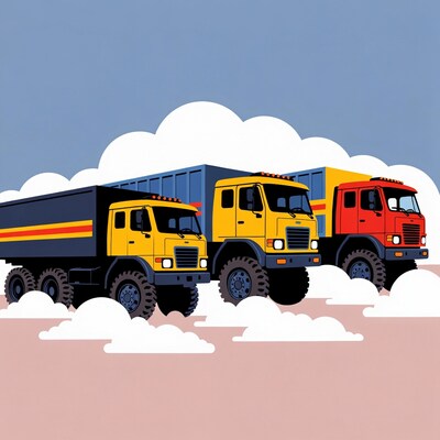 Three Trucks on Clouds Illustration