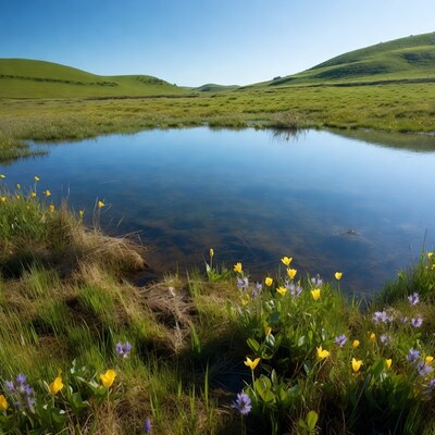 Yellow flowers around pond in green hills