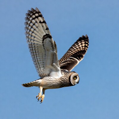 Short-eared owl flying in sky