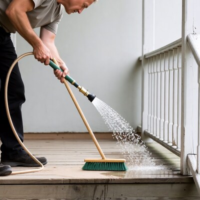 Man hosing deck with broom