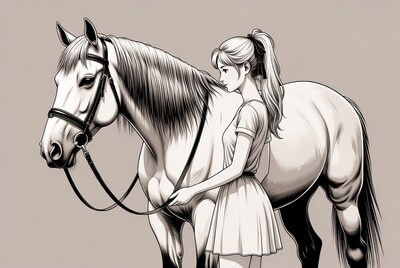Blonde woman holding white horse