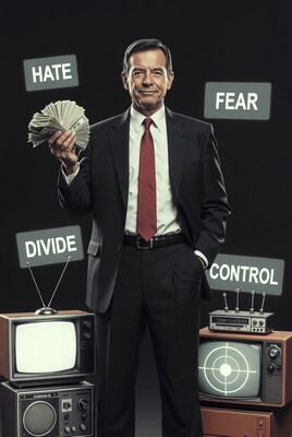 Man in suit holding cash with hate fear signs