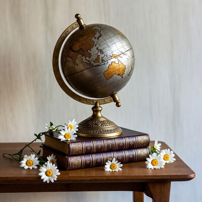 Globe on antique books with daisies