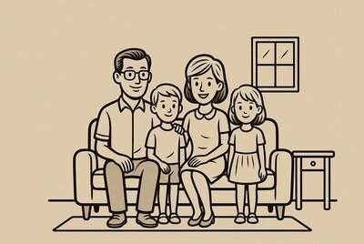 Happy family sitting on sofa illustration