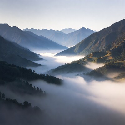 Mountain Valley Filled with Fog