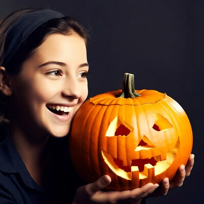 Girl smiling with carved pumpkin