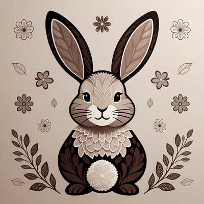 Cute Bunny with Flowers and Leaves