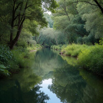 Serene river flowing through green forest