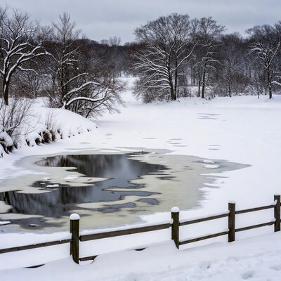 Snowy Pond with Wooden Fence