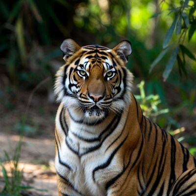 Tiger sitting in green jungle