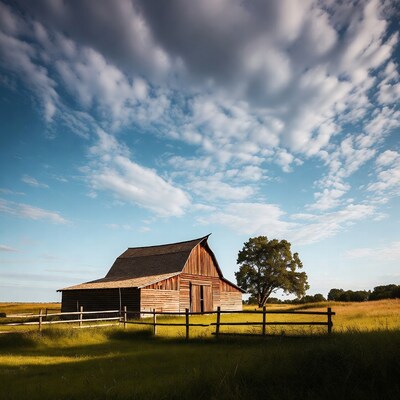 Red barn in field with tree