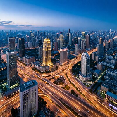 Aerial view of city skyline at dusk
