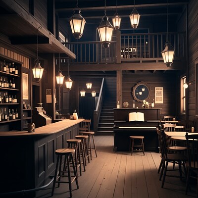 Old West Saloon Interior at Night