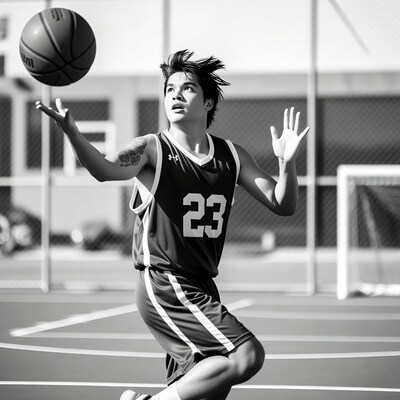 Teen boy jumping for basketball