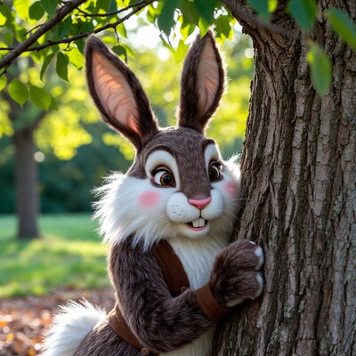 Bunny costume peeking behind tree