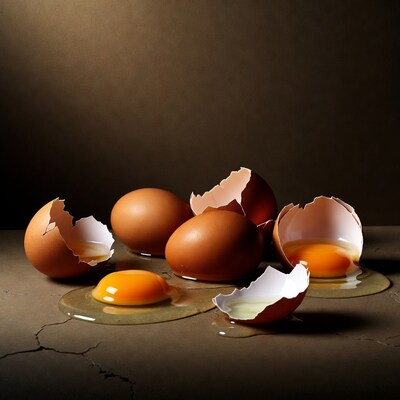Broken eggs with yolks on surface
