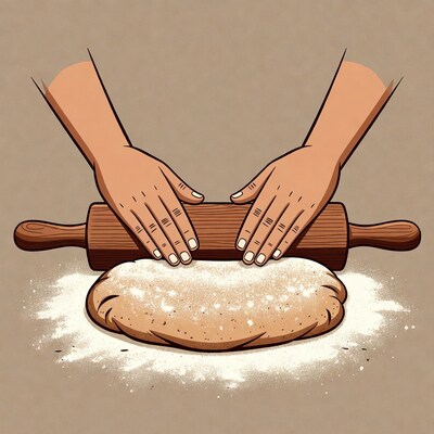 Hands rolling dough with rolling pin