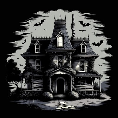 Haunted House with Bats Illustration