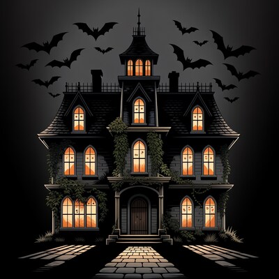 Haunted House with Bats Illustration