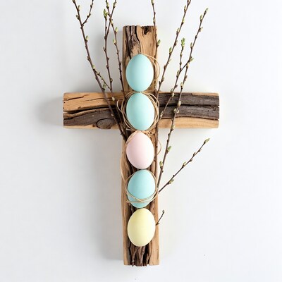 Easter eggs on wooden cross with twigs