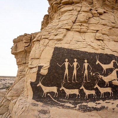 Ancient Rock Art with Humans and Ibex