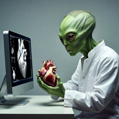 Alien doctor holding heart model