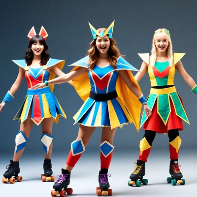 Three girls roller skating in colorful costumes