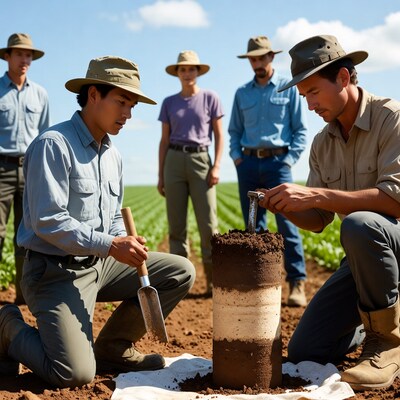 Farmers examining soil core sample