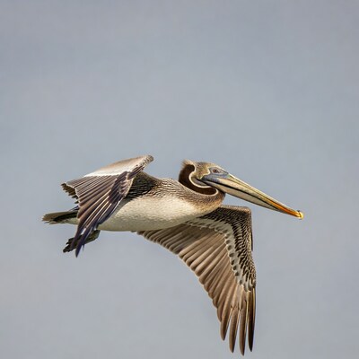 Brown Pelican Flying in Sky