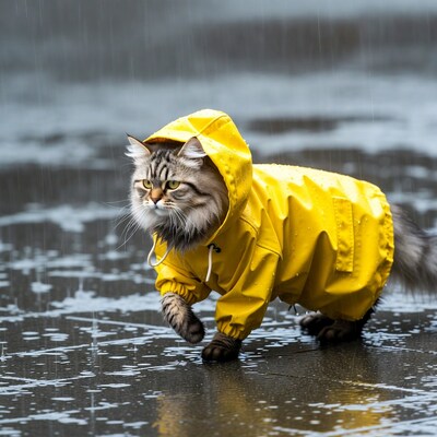 Tabby cat in yellow raincoat walking