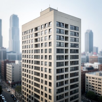 Modern beige skyscraper in city skyline