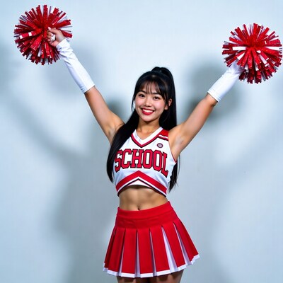 Asian cheerleader with pom poms