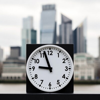 White clock with skyscrapers background