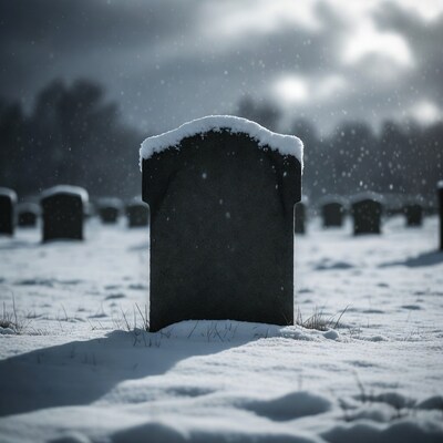 Snowy gravestone in cemetery