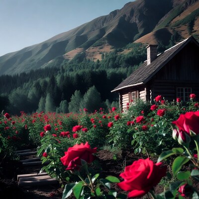 Log cabin with red rose field and mountains