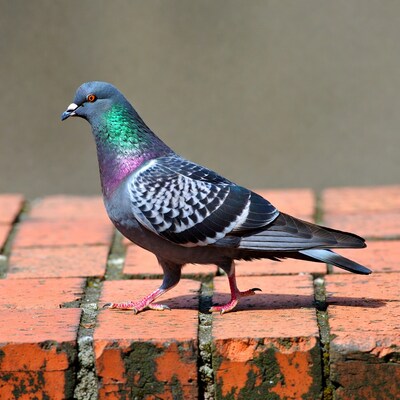 Iridescent Pigeon Standing on Brick