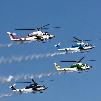 Colorful Helicopters Flying in Formation